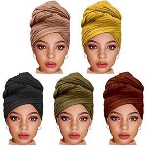 Womens Hijab Set 5 Pieces Solid Color Extra Long Scarf Jersey Head Wrap Turban